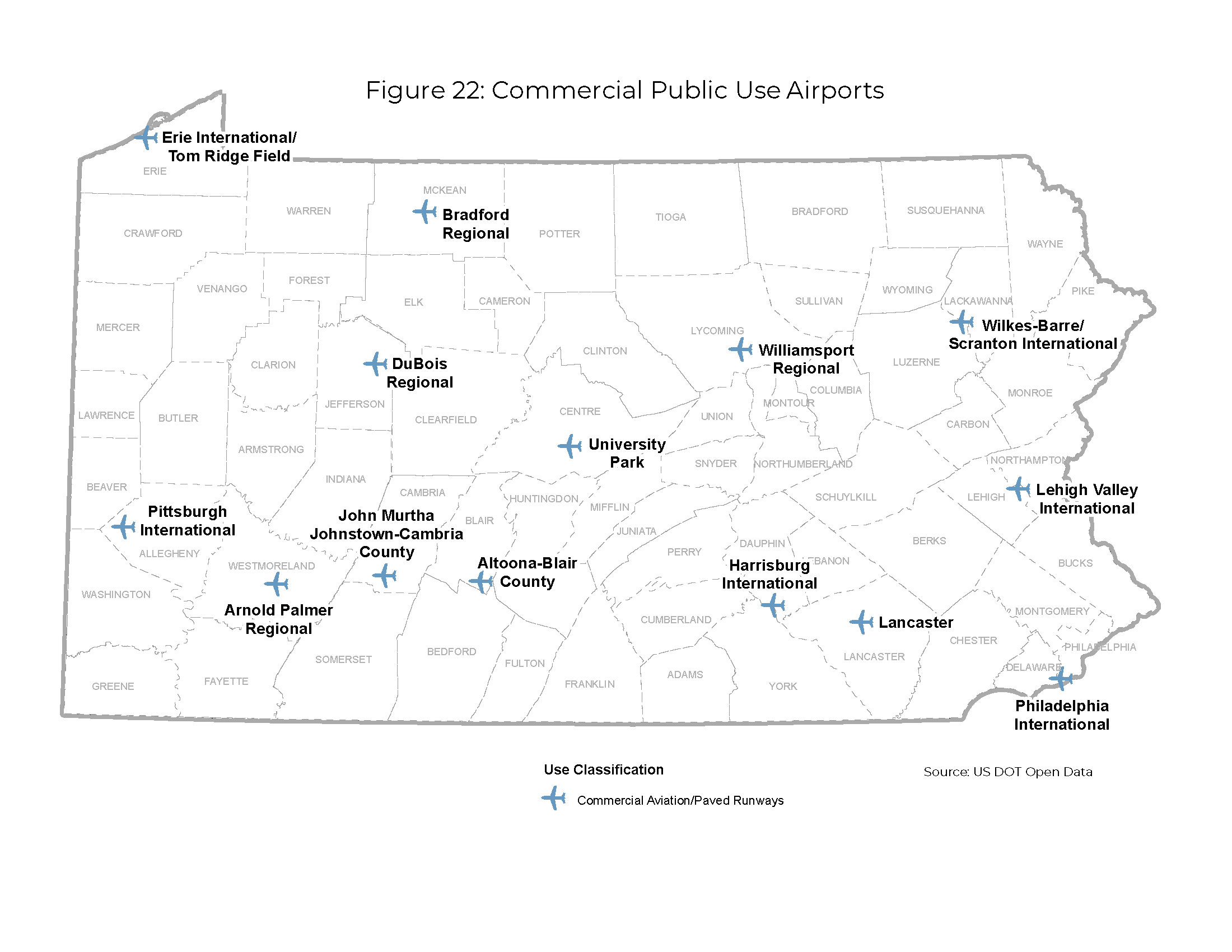 Pennsylvania map showing the 14 Commercial Aviation/Paved Runway airports across the state.